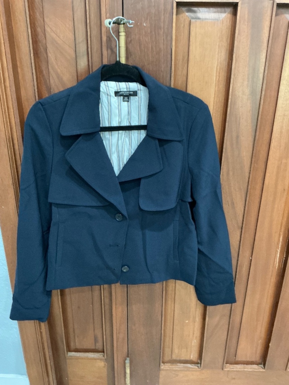 Ann Taylor: Navy Blue Cropped Trench-Style Two-Button Jacket